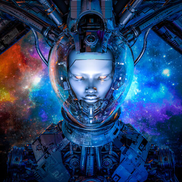 Flight of the sentinel / 3D illustration of science fiction female alien android space ship pilot