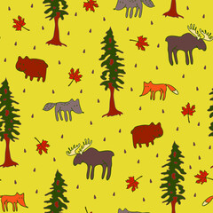 Seamless vector pattern with forest animals on yellow background. Cute hand drawn wallpaper design with fox, bear and wolf. Fashion textile fore children.