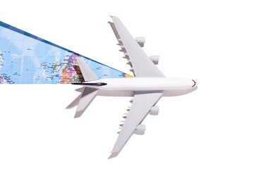 Model airplane on white paper background opens a world map. Flat lay, top view and copy space for...
