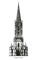 Freiburg Minster (Freiburger Munster) - cathedral of Freiburg im Breisgau, southwest Germany - middle age gothic architecture style christian church - black and white hand drawn vector illustration