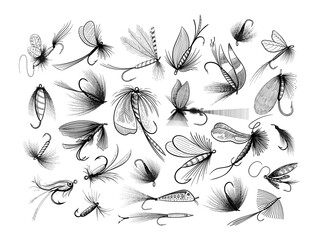 Fly fishing flies - various kinds: wet, dry, sinking, floating, streamers, nymphs and others - big collection of fishing lures - black and white vector illustration isolated on white background