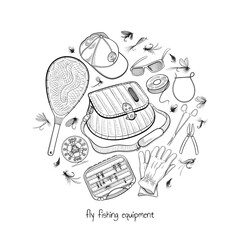 Fly fishing equipment collection - creel, landing net, reel, fly box, apparel, flies and other devices - big set with hand drawn fishing gear elements - outline vector illustration on white background
