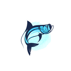 Jumping atlantic tarpon (Megalops atlanticus) also known silver king - game fish species - fish and fishing sport logo on watercolor circle shape - vector illustration isolated on white background