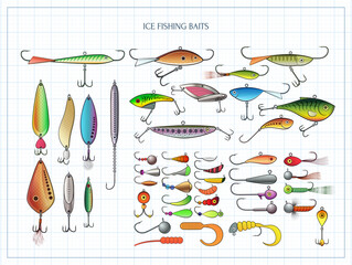 Ice fishing baits collection - jigs and jig heads, metal jigging spoons, balanced fish-profile lures and other vertical lures - big set of fishing devices. Outline color vector illustration