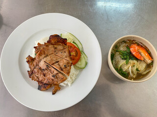 Top view photo of Com Tam broken rice in Vietnam