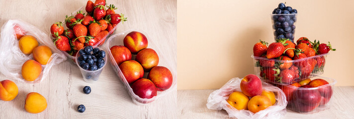 collage of fruit composition with blueberries, strawberries, nectarines and peaches in plastic containers on wooden surface on beige background, panoramic crop