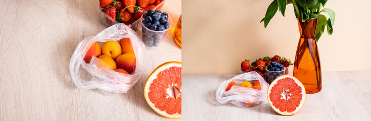 collage of floral and fruit composition with bouquet in vase, berries, grapefruit and apricots on wooden surface on beige background