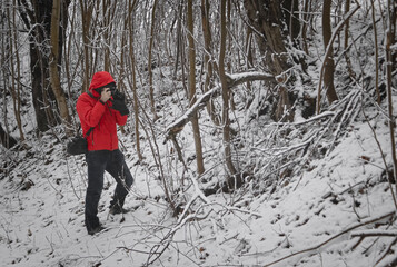 The man in the red jacket is taking pictures in the forest.