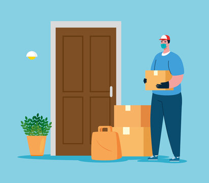 Safe Contactless Delivery Courier By Covid 19, Worker With Box Packages In Door Home Vector Illustration Design