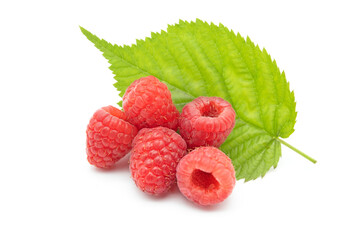 Raspberry with leaf isolated on white background