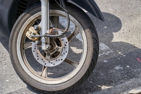 Close up of wheel of a motorcycle