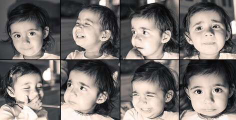 Mosaic of little girl faces in black and white with different expressions and feelings, crying, smile, surprise, sadness,