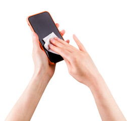 Woman hand clean mobile phone by wet wipe isolated on white background