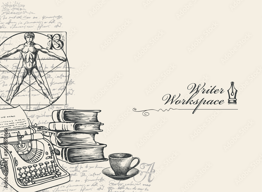 Poster writer workspace. vector banner on a writers theme with sketches and place for text. artistic illust