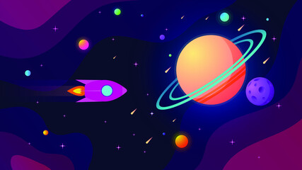Outer space with planets, stars, comets and flying rocket.
