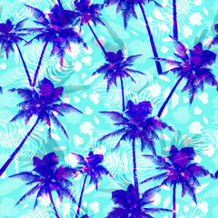 Fototapeta na wymiar tropical palm trees at the seaside resort seamless print on a blue background, fresh summer pattern.
