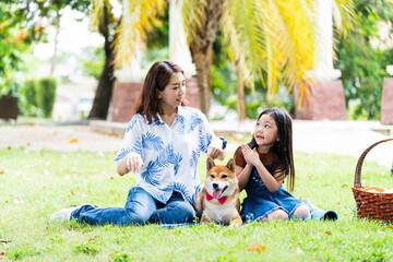 Pet lover. The daughter thanked the mother and the gift was a Shiba Inu dog. An Asian family plays with a Shiba Inu dog.