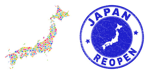 Celebrating Japan map mosaic and reopening unclean watermark. Vector mosaic Japan map is designed with scattered stars, hearts, balloons. Rounded wry blue watermark with unclean rubber texture.