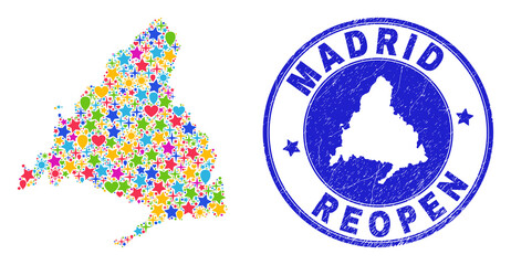 Celebrating Madrid Province map mosaic and reopening rubber stamp seal. Vector mosaic Madrid Province map is designed with random stars, hearts, balloons.