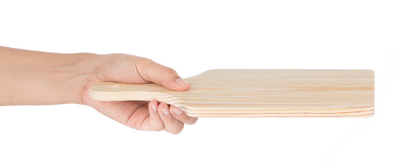 Hand holding Paddle cutting Board isolated on white background
