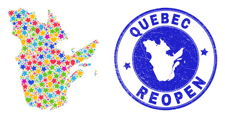 Celebrating Quebec Province map mosaic and reopening grunge seal. Vector mosaic Quebec Province map is formed of scattered stars, hearts, balloons.