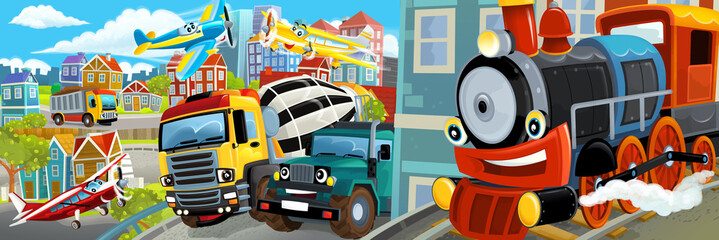 cartoon happy and funny scene of the middle of a city with dumper and train locomotive