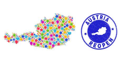 Celebrating Austria map collage and reopening scratched seal. Vector collage Austria map is designed with randomized stars, hearts, balloons. Rounded awry blue seal with distress rubber texture.