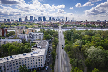 Dron view from Praga Polnoc area of Warsaw, capital city of Poland, Praski hospital on a left side