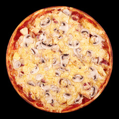 Top view tasty italian pizza on black background