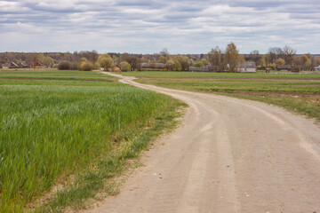Fototapeta na wymiar Dirt road among cultivated fields leading to the village. Spring landscape