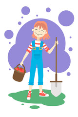 Cute little gardener girl with a bucket of apples and a shovel. Harvesting in the garden. Windy flat illustration
