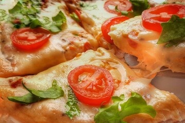 a piece of pizza with tomato and herbs