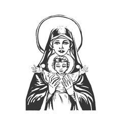 Madonna and Child graphic sketch. Blessed Virgin Mary with Baby Jesus. Vector 
