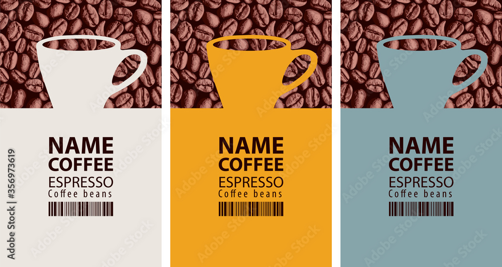 Poster coffee labels for coffee beans. set of three vector labels with inscriptions, barcodes and cups on t