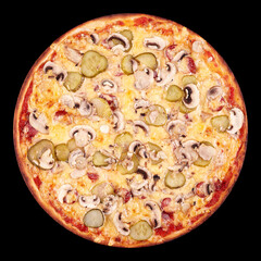 Top view tasty italian pizza on black background