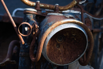 Old rusty engine. Close up on at rod. 