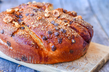 Traditional  italian easter  bread cake with  sugar,chocolate and nuts and  spring bloom 
