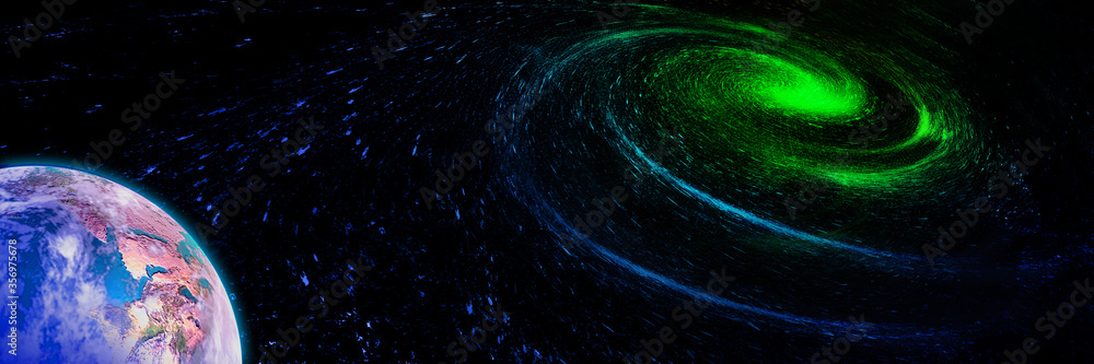 Poster 3d rendering of earth parts and cosmic galaxy vortices, internet science and technology background.