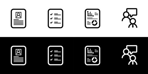 Employee selection process icon set. Flat design icon collection isolated on black and white background. Profile, administration, competence, and interview.