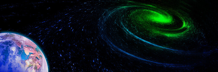 3D rendering of earth parts and cosmic galaxy vortices, internet science and technology background.