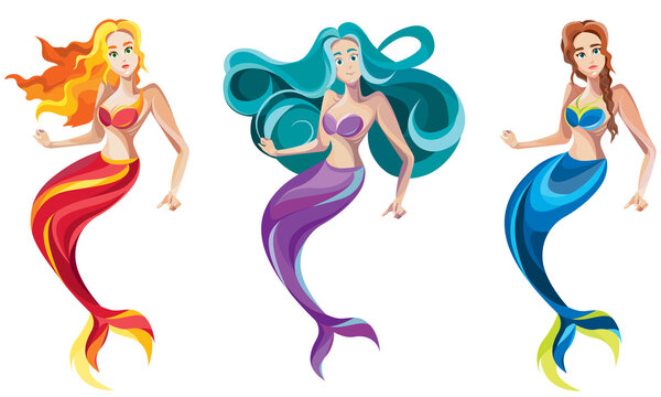 Set of mermaids. Female characters in cartoon style.