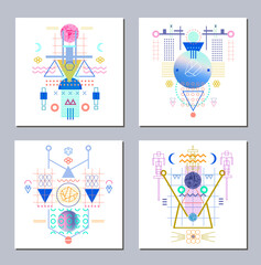 Collection of 4 artistic creative universal cards. Space and alien style. Hand Drawn textures with different elements.Design for poster, card, invitation, brochure, flyer. Vector.Isolated.
