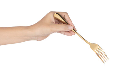 hand holding golden fork isolated on white background