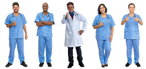 Group of 5 caucasian and african american nurses and doctors