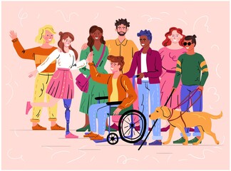 Group of diverse happy smiling disabled people and guide dog with an assortment of different handicaps on a pink background, colored vector illustration