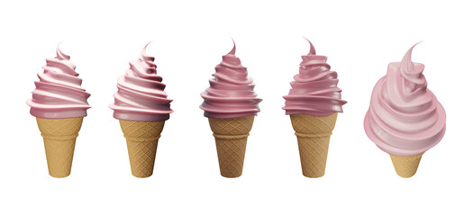 Set of collection soft serve ice cream of strawberry ice cream on a crispy cone for summer isolated on white background. 3d illustration.