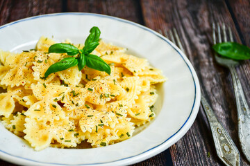 Farfalle pasta  cacio e pepe , olive oil,parmesan cheese, black pepper  and fresh onion. Vegetarian home made italian pasta