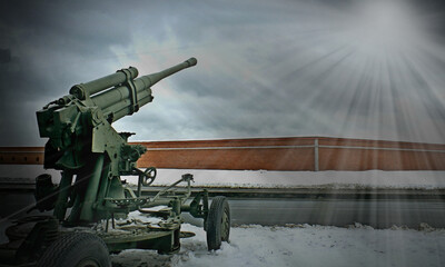 Vintage machine gun cannon aimed at city fortress - 9 may. Old soviet machinegun on position. Army...