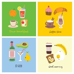 Set of breakfast food cards with hand written text, vector illustration.