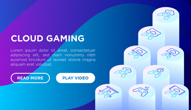 Cloud gaming web page template with thin line isometric icons: play on laptop, 120 FPS, low-latency gameplay, gamepad, wi-fi, instant installation, game controller, 5G technology. Vector illustration.